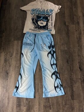 Kids Light Blue Graphic Flame-Print Lounge Pants